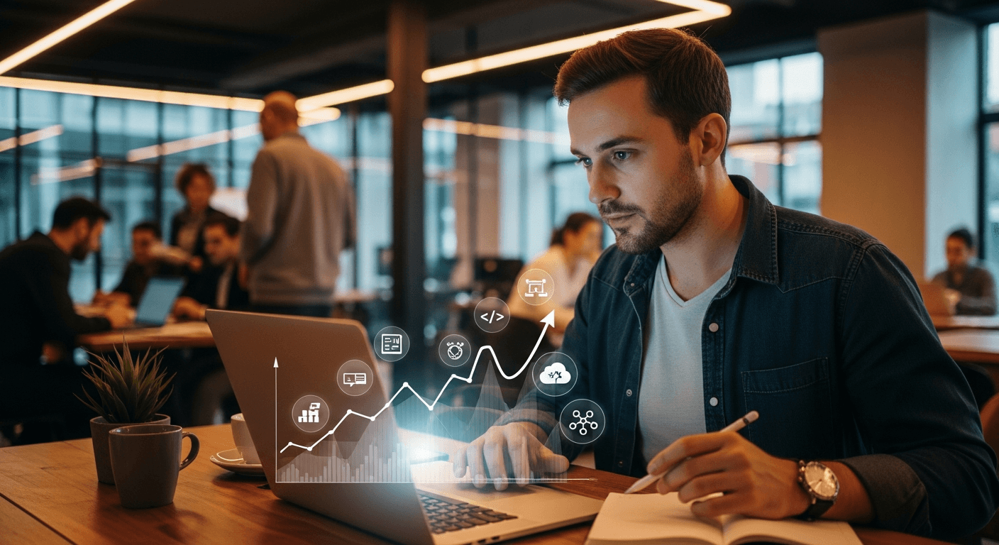 IT-Fachkraft am Laptop bei einer Weiterbildung oder einem Meetup, symbolisch für berufliche Neuorientierung und Upskilling