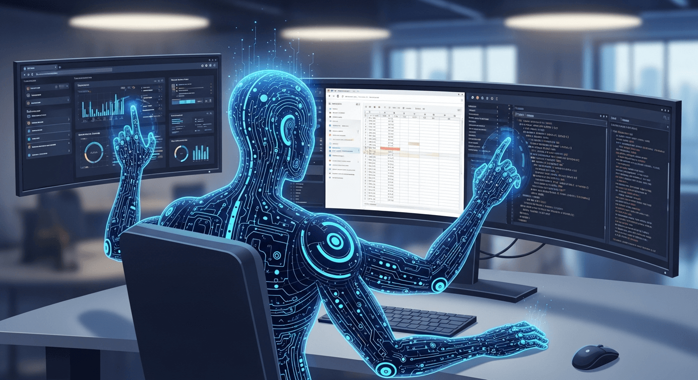 Illustration eines KI-Agenten, der eine Desktop-Umgebung mit mehreren geöffneten Anwendungen bedient und zwischen Browser, Tabellenkalkulation und Terminal navigiert