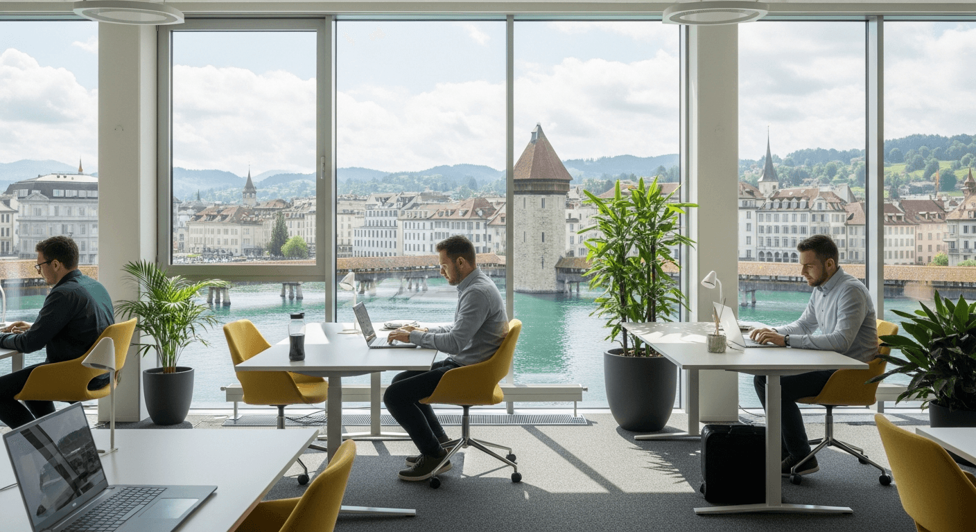 Moderner Coworking-Space in Luzern mit jungen IT-Fachkräften an Laptops, grosse Fenster mit Blick auf die Altstadt