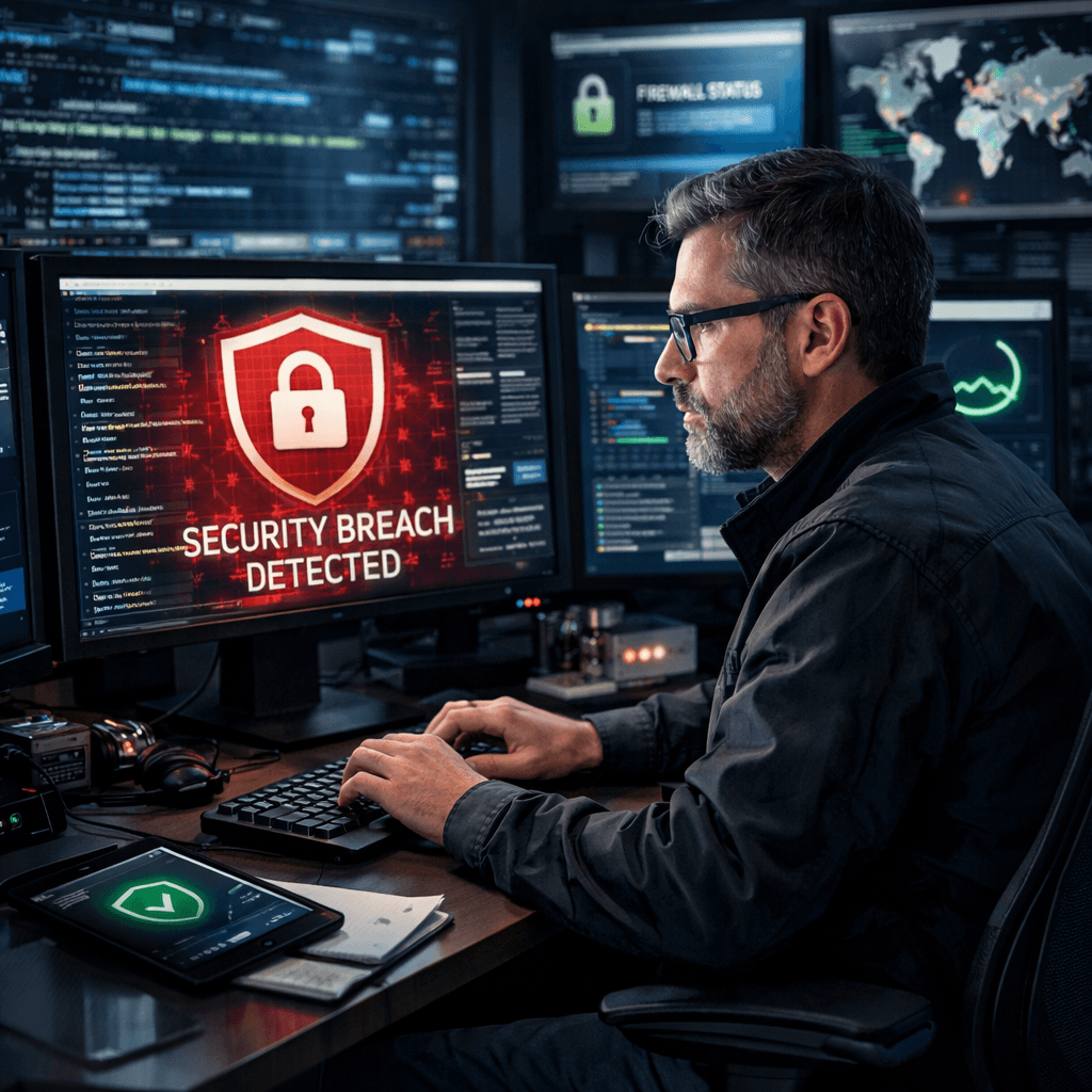 Ein Sicherheitsexperte, der an einem Computer arbeitet, umgeben von Code und Sicherheitssoftware.