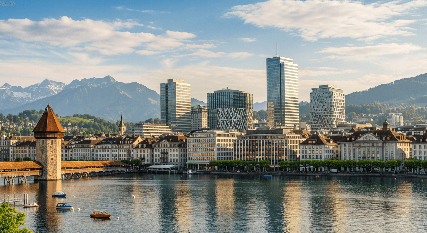 Panoramablick auf die Stadt Luzern mit dem Vierwaldstättersee und modernen Bürogebäuden neben historischer Architektur