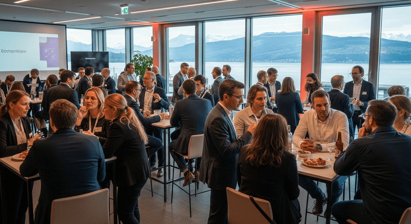 Netzwerk-Event oder Tech-Meetup in einem modernen Veranstaltungsraum in Luzern mit Teilnehmern im Gespräch