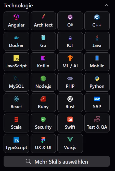 Filterschiene «Technologie» als Kachelraster von Angular bis Vue.js