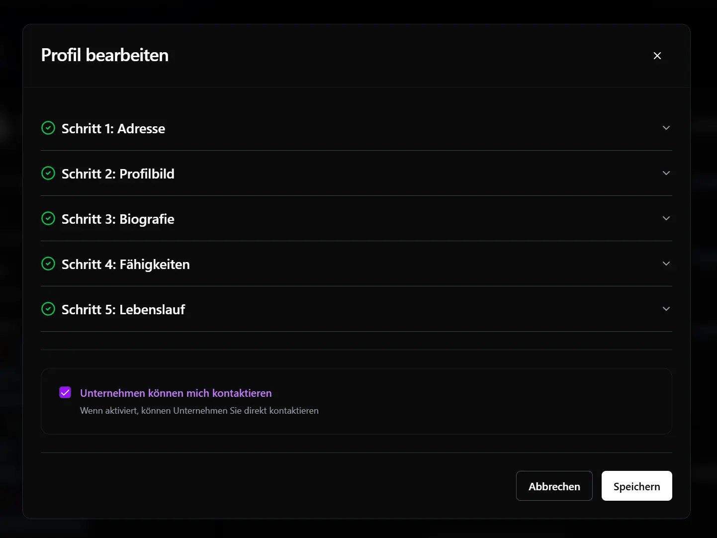 Dialog «Profil bearbeiten» mit den fünf Profilschritten und der aktivierten Checkbox «Unternehmen können mich kontaktieren»