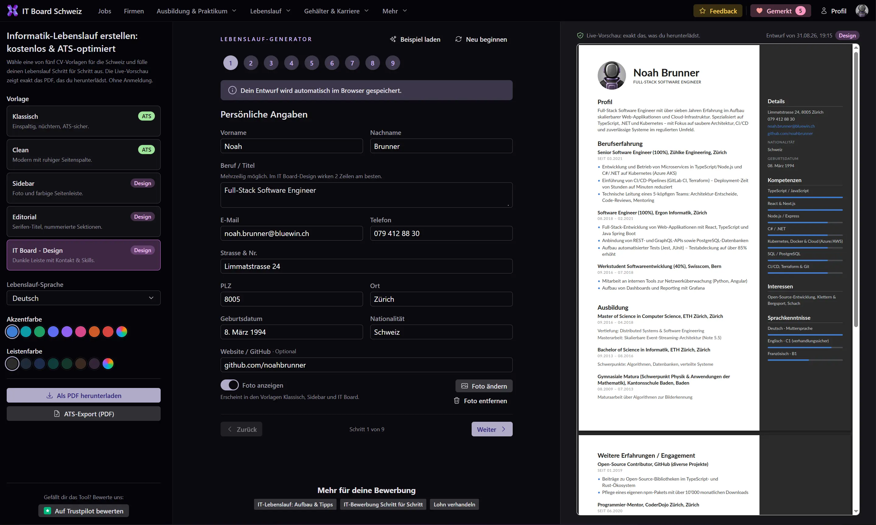 Der Lebenslauf-Generator auf ITBoard: Formular in Schritt 1 von 9, fünf Vorlagen zur Auswahl und die Live-Vorschau des fertigen PDFs