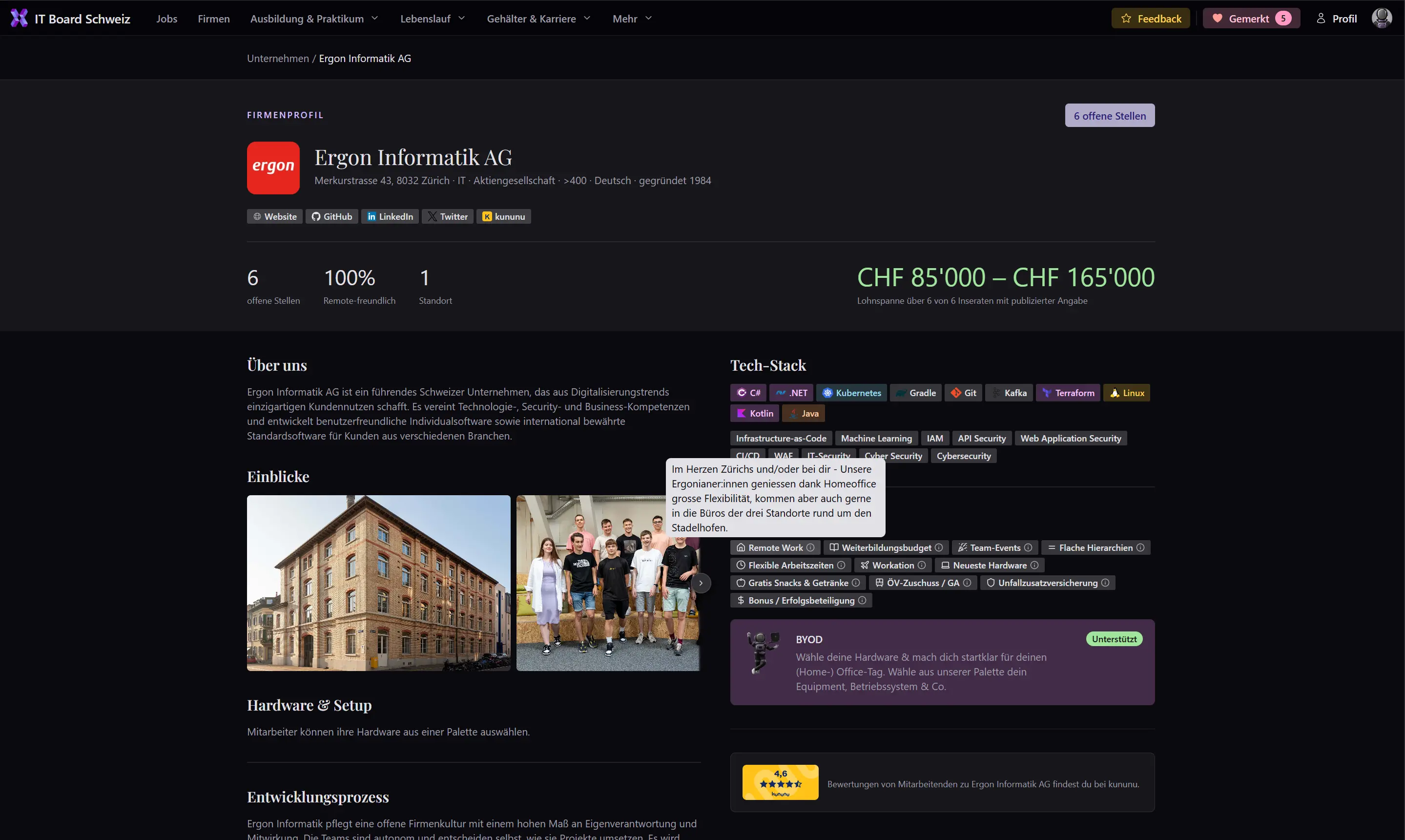 Firmenprofil der Ergon Informatik AG auf ITBoard mit der Lohnspanne über alle Inserate, Benefits wie Remote Work, Weiterbildungsbudget und ÖV-Zuschuss sowie dem Tech-Stack